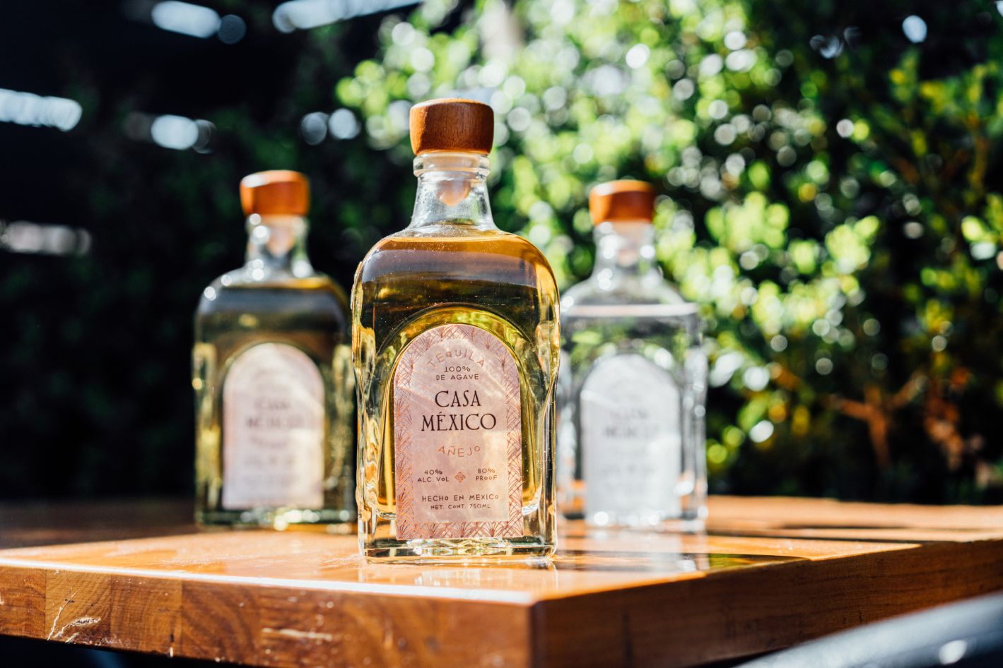 Three bottles of Casa Mexico Tequila on a wooden surface with a blurred green outdoor background